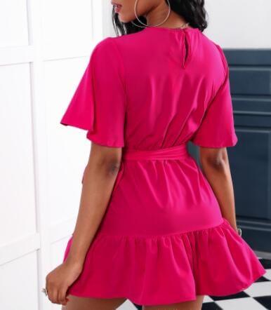 2022 Summer Rose Red Waist Belt Short Sleeve Women Casual Mini Dress