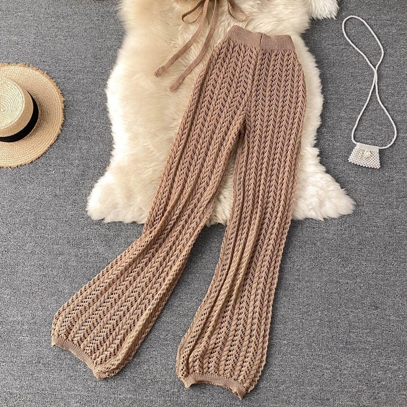 2022 Summer Sexy Halter Short Tops Hollow Knitted Wide Leg Long Pants Two Piece Suit womens designer knitwear set