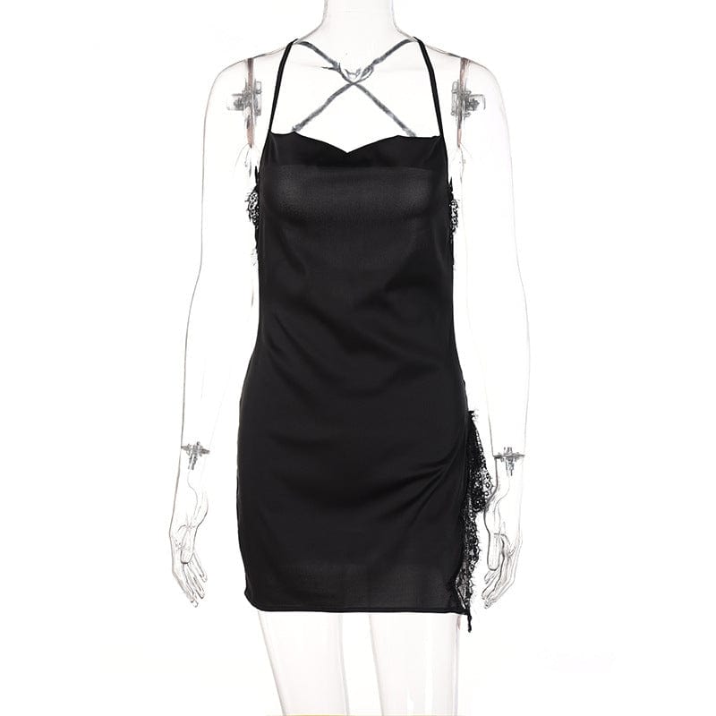 2022 Summer Sexy Sleeveless Bodycon Dress  Solid Color Backless  Mini Dress Lace Satin Club Casual Dresses