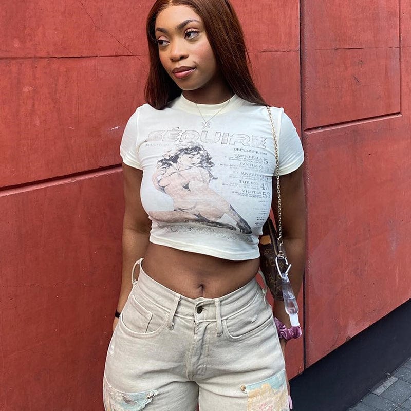 2022 Summer Vintage Graphic Print Short Sleeve Women's T-shirts Fashion ihoov Crop Top