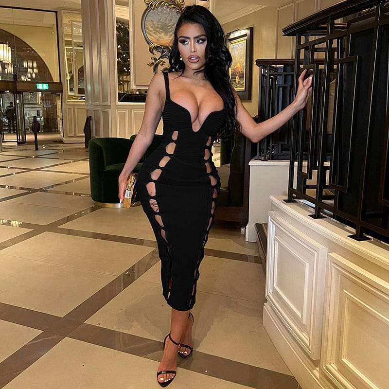 2022 Summer Women Clothes Lady One Piece Sexy Long Knitted Dress Women Hollow Out Bandage Long Halter Bodycon Dress