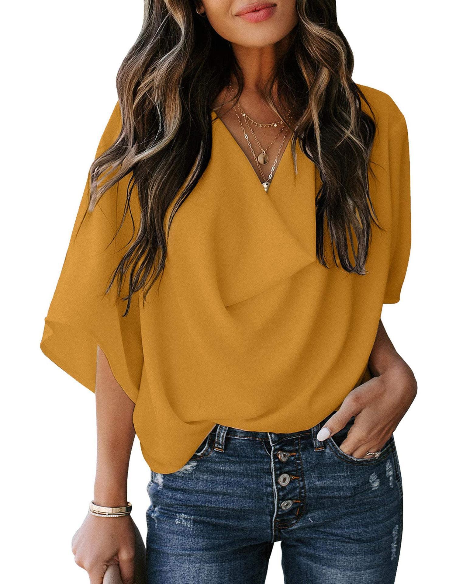 2022 Summer Women New Fashion V-neck Short Sleeve Chiffon Solid Casual Tops T-Shirt Clothing Women's Top