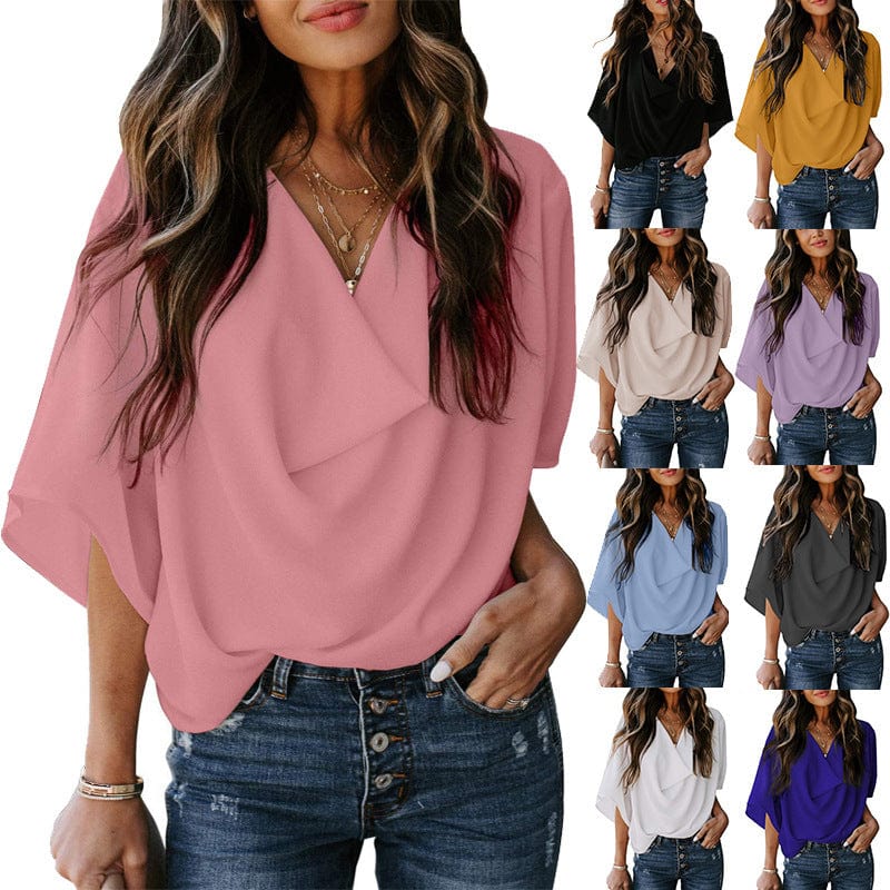 2022 Summer Women New Fashion V-neck Short Sleeve Chiffon Solid Casual Tops T-Shirt Clothing Women's Top