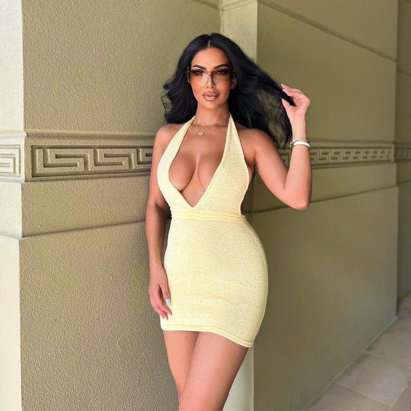 2022 Summer Women's New Solid Color Deep V Short Dress Sexy Backless Halter Neck Dress summer slim bodycon mini dresses