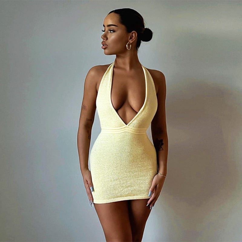 2022 Summer Women's New Solid Color Deep V Short Dress Sexy Backless Halter Neck Dress summer slim bodycon mini dresses
