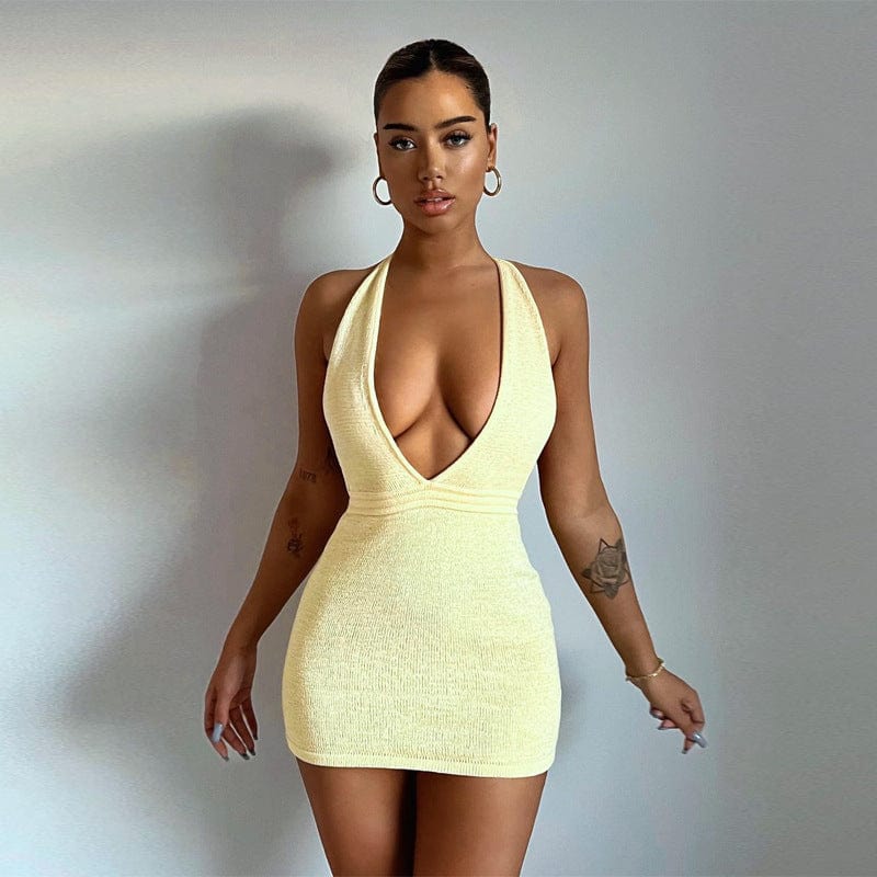 2022 Summer Women's New Solid Color Deep V Short Dress Sexy Backless Halter Neck Dress summer slim bodycon mini dresses