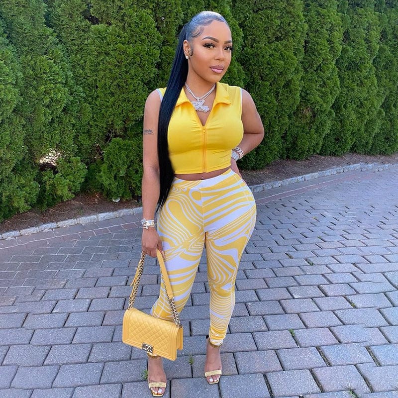 2022 Summer women solid color sleeveless turn-down collar zip top high waist printed trouser set lapel two piece pants set