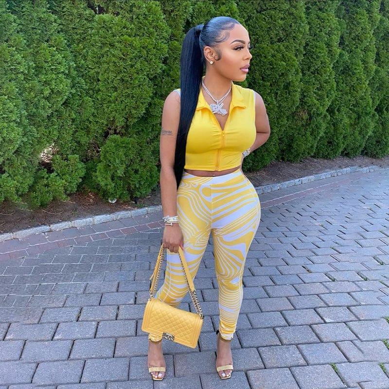 2022 Summer women solid color sleeveless turn-down collar zip top high waist printed trouser set lapel two piece pants set