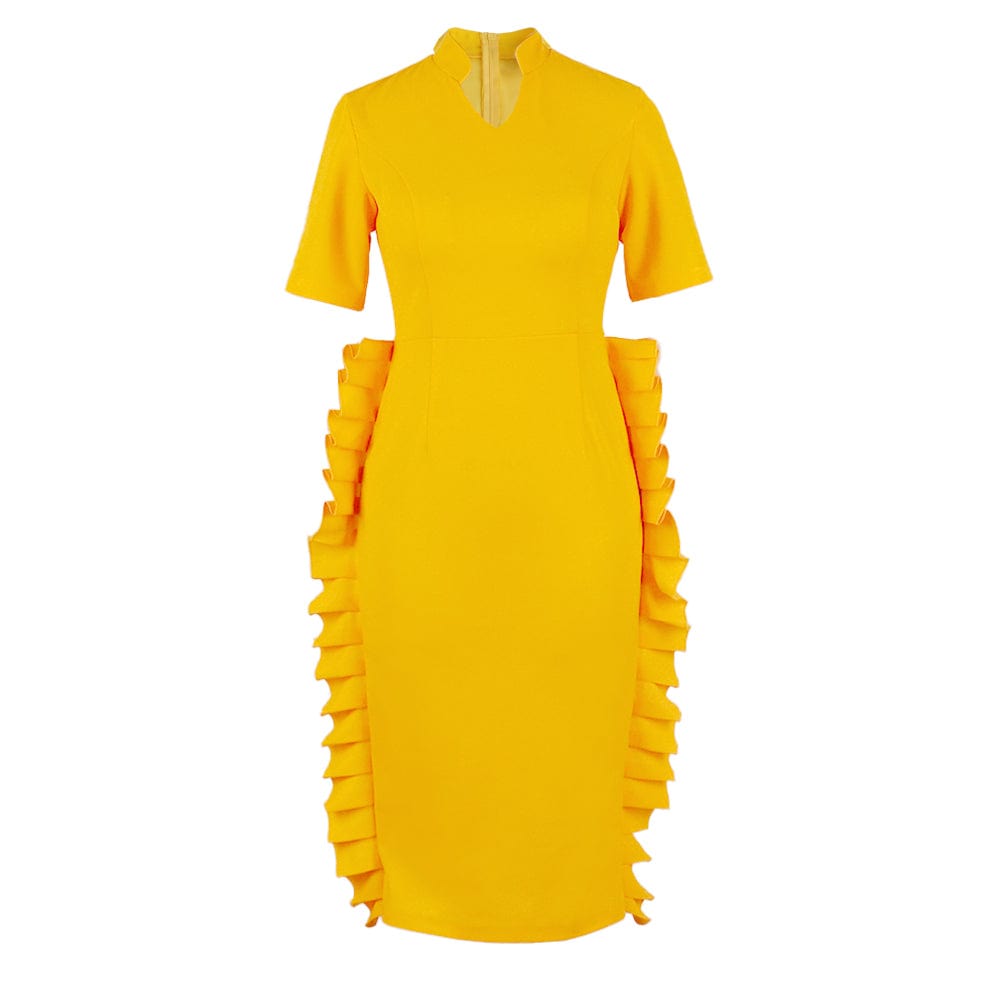 2022 Summer Yellow V Neck Ruffle Africa Women Office Career Dresses