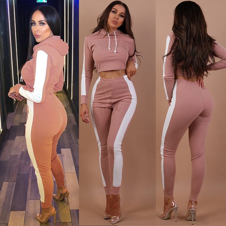 2022 Wholesale Ladies Crop Top Drawstring Hoody Splicing Joggers Fitness Cropped Top Hoodie 2 Piece Set Women