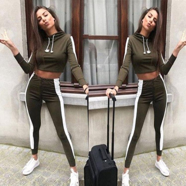 2022 Wholesale Ladies Crop Top Drawstring Hoody Splicing Joggers Fitness Cropped Top Hoodie 2 Piece Set Women