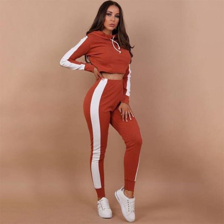 2022 Wholesale Ladies Crop Top Drawstring Hoody Splicing Joggers Fitness Cropped Top Hoodie 2 Piece Set Women