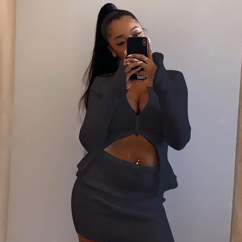 2022 Wholesale new sexy zipper crop top and short skirt 2 piece sets women summer