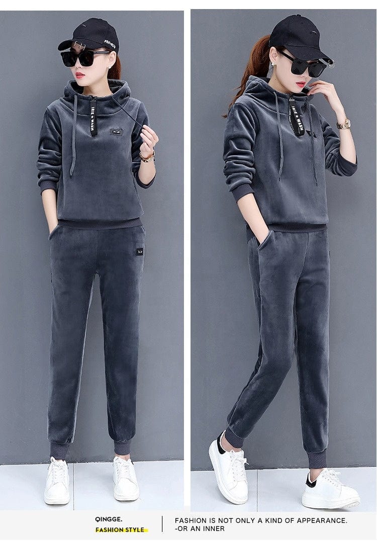 2022 winter Korean style embroidered casual two-piece plus velvet thickened gold velvet women's sportswear suit