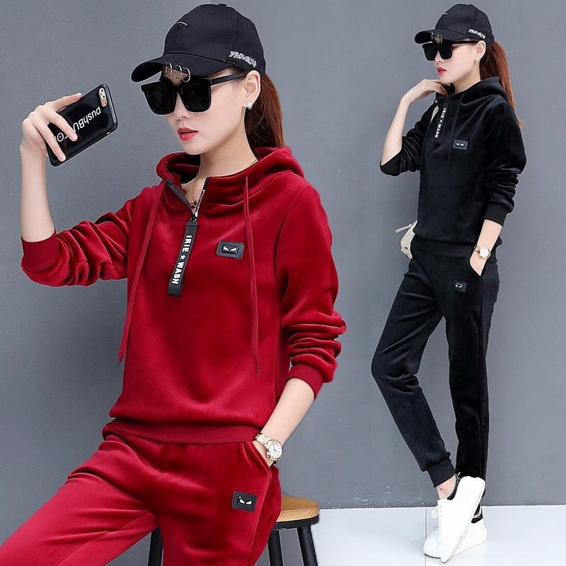 2022 winter Korean style embroidered casual two-piece plus velvet thickened gold velvet women's sportswear suit