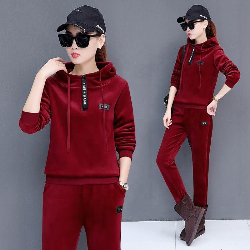2022 winter Korean style embroidered casual two-piece plus velvet thickened gold velvet women's sportswear suit