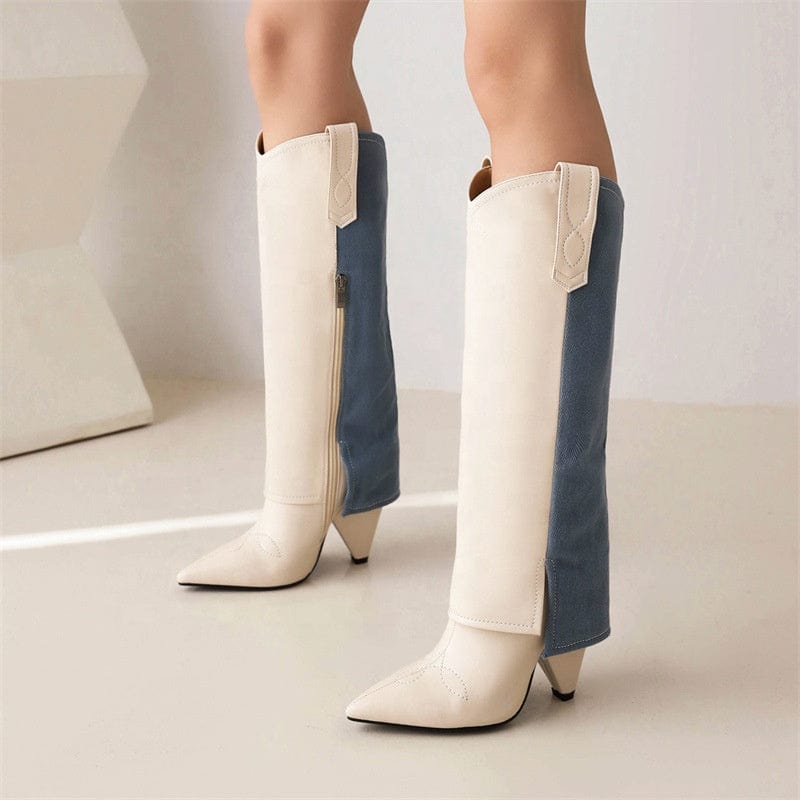 2022 Winter Season Comfort Fashion Patchwork Knee High Boots Sexy Pointed Toe Spike High Heel Color Matching Women Western Boots