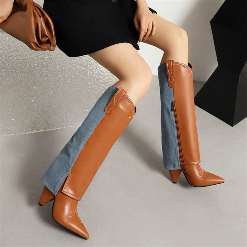 2022 Winter Season Comfort Fashion Patchwork Knee High Boots Sexy Pointed Toe Spike High Heel Color Matching Women Western Boots