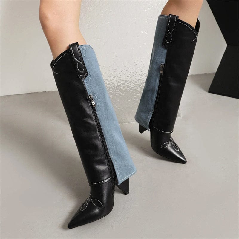 2022 Winter Season Comfort Fashion Patchwork Knee High Boots Sexy Pointed Toe Spike High Heel Color Matching Women Western Boots