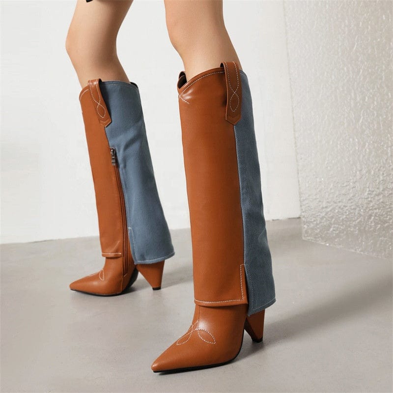 2022 Winter Season Comfort Fashion Patchwork Knee High Boots Sexy Pointed Toe Spike High Heel Color Matching Women Western Boots