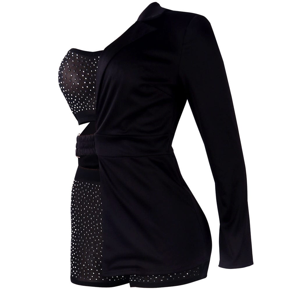 2022 Women 3 Piece Set Sexy Irregular Mesh Rhinestone Crop Top And Short One Side Lapel Long Sleeve Belt Solid Color Blazer Set
