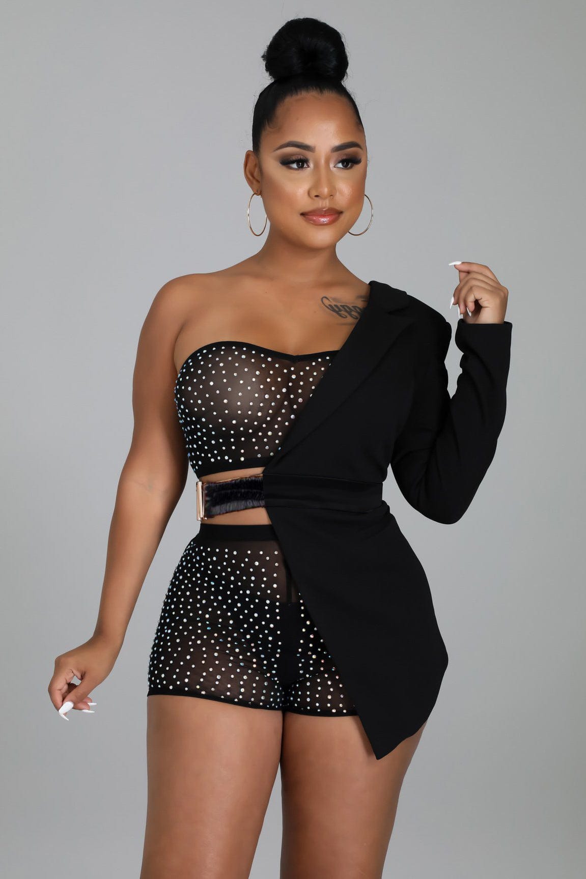 2022 Women 3 Piece Set Sexy Irregular Mesh Rhinestone Crop Top And Short One Side Lapel Long Sleeve Belt Solid Color Blazer Set
