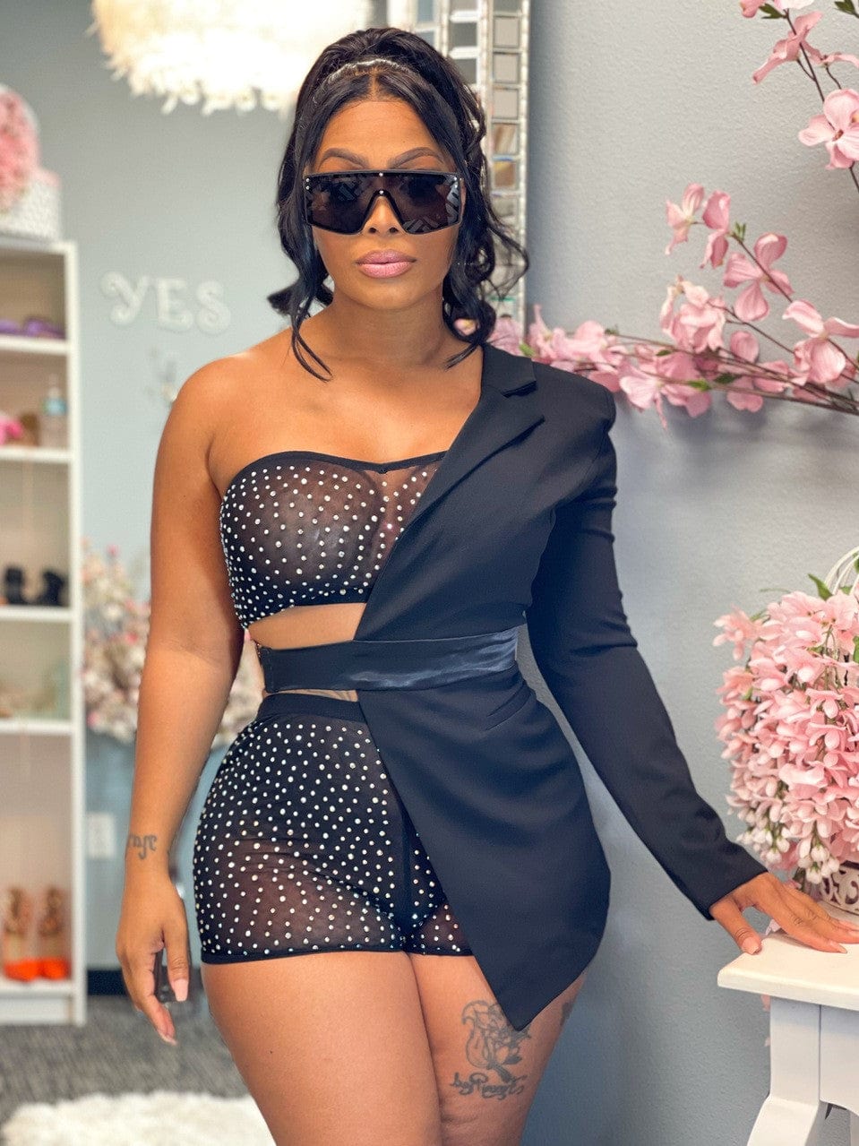 2022 Women 3 Piece Set Sexy Irregular Mesh Rhinestone Crop Top And Short One Side Lapel Long Sleeve Belt Solid Color Blazer Set