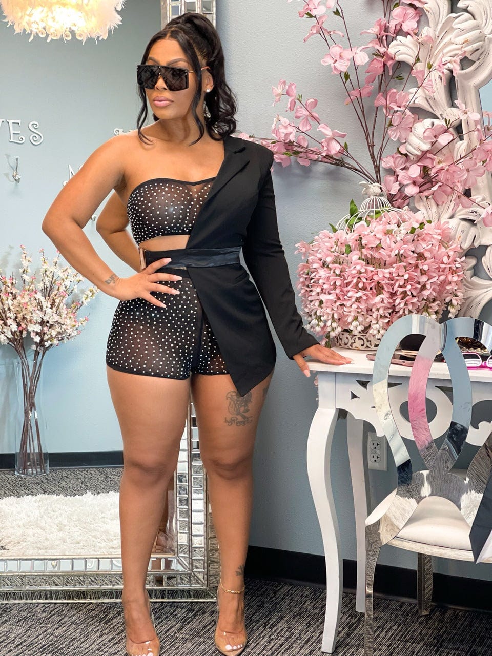 2022 Women 3 Piece Set Sexy Irregular Mesh Rhinestone Crop Top And Short One Side Lapel Long Sleeve Belt Solid Color Blazer Set