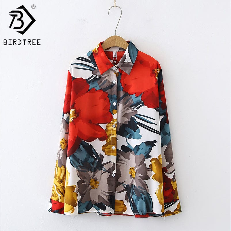 2022 Women Autumn Korean Vintage Print Floral Long Sleeve Shirt Large Chiffon Professional Office Versatile Blouse Shirt T18214Y