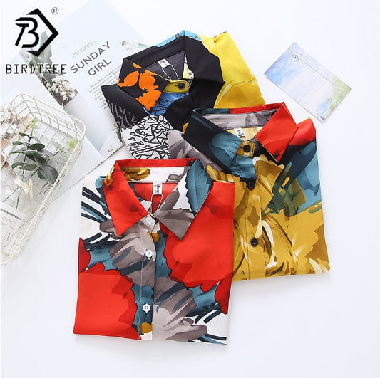 2022 Women Autumn Korean Vintage Print Floral Long Sleeve Shirt Large Chiffon Professional Office Versatile Blouse Shirt T18214Y