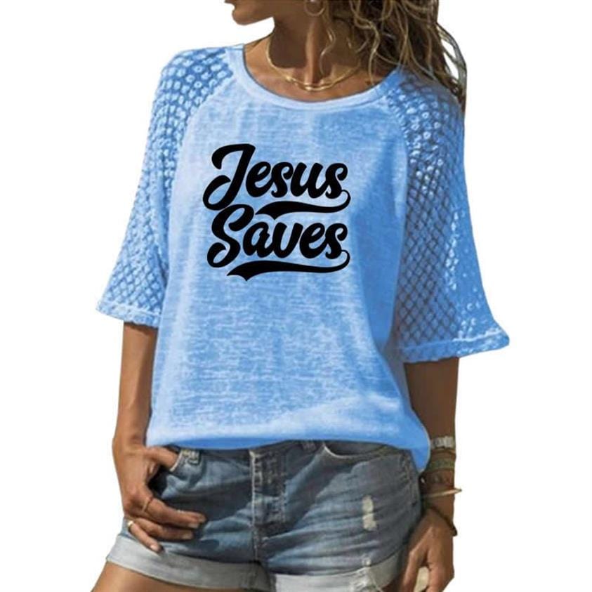 2022 Women New Lace Neck T-shirt Jesus Saves Letters Print T-shirt Leisure 3/4 Sleeve Plus Size Harajuku Summer T-shirt
