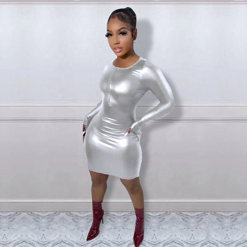 2022 women PU leather pure color sexy dress