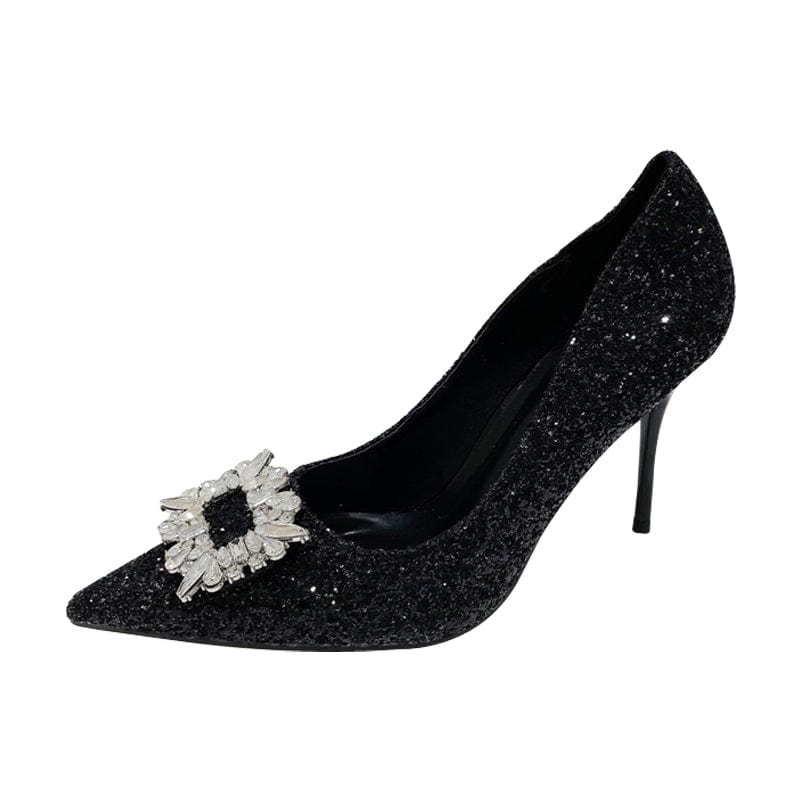 20223 autumn new commuter high-heeled women's single shoes pointed toe stiletto with flash material banquet rhinestones