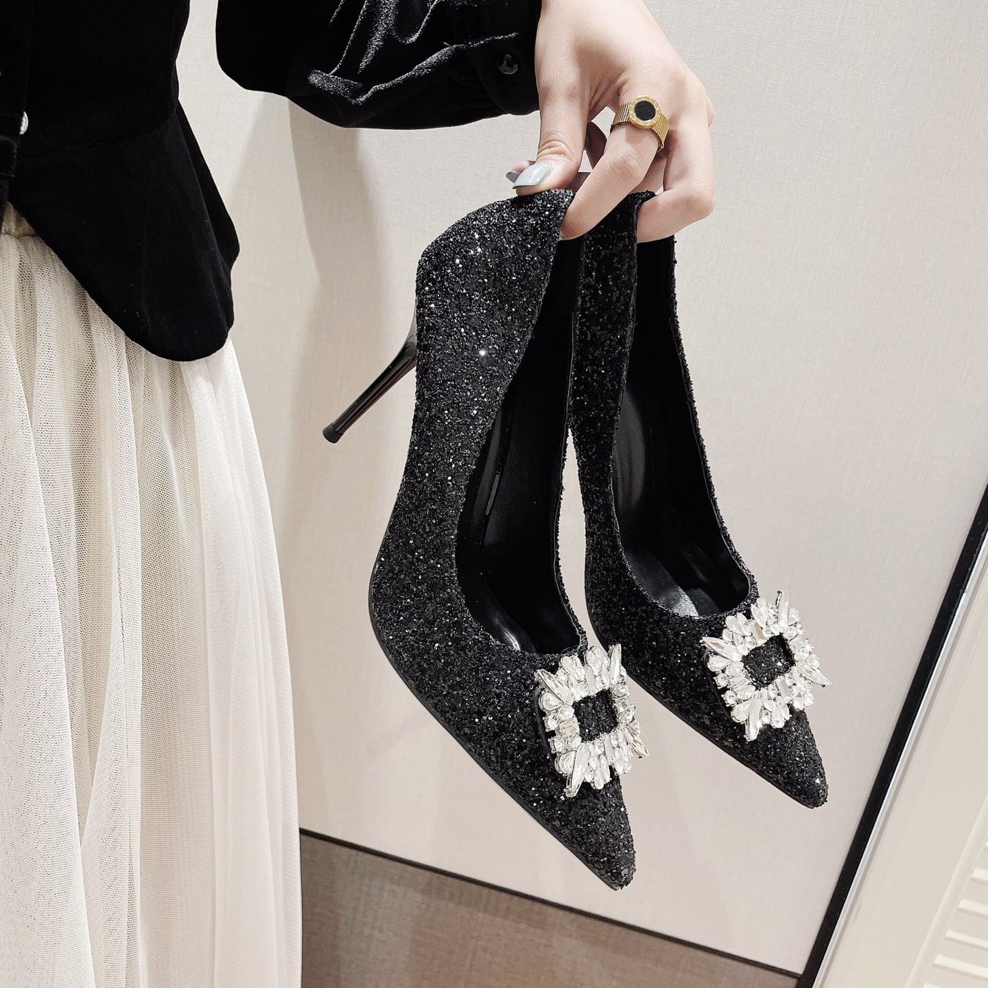 20223 autumn new commuter high-heeled women's single shoes pointed toe stiletto with flash material banquet rhinestones