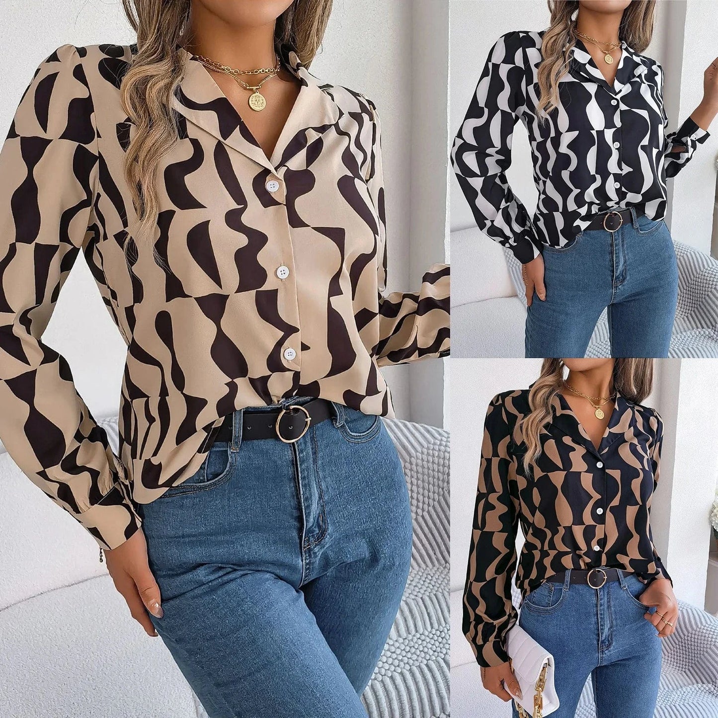2023 Autumn and Winter temperament Contrast color Striped suit collar Long sleeve shirt  Women's clothing