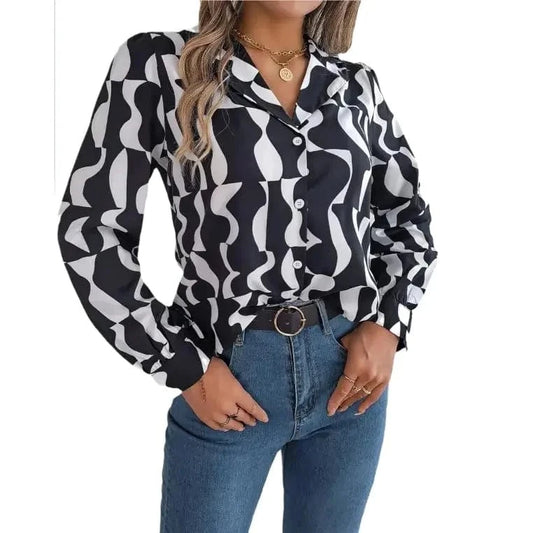 2023 Autumn and Winter temperament Contrast color Striped suit collar Long sleeve shirt  Women's clothing