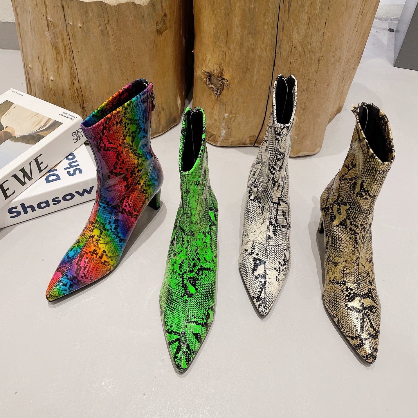 2023 autumn European and American high-heeled short tube new snake pattern pointed toe fashion women's boots