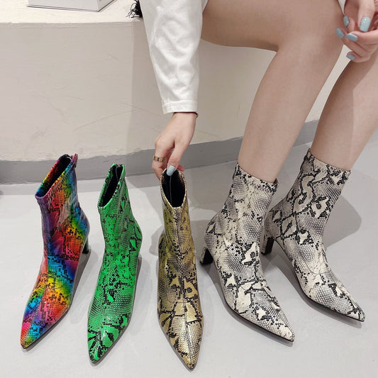 2023 autumn European and American high-heeled short tube new snake pattern pointed toe fashion women's boots