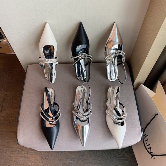 2023 autumn new Anne French drill with pointed toe back empty flat shoes niche Baotou sandals
