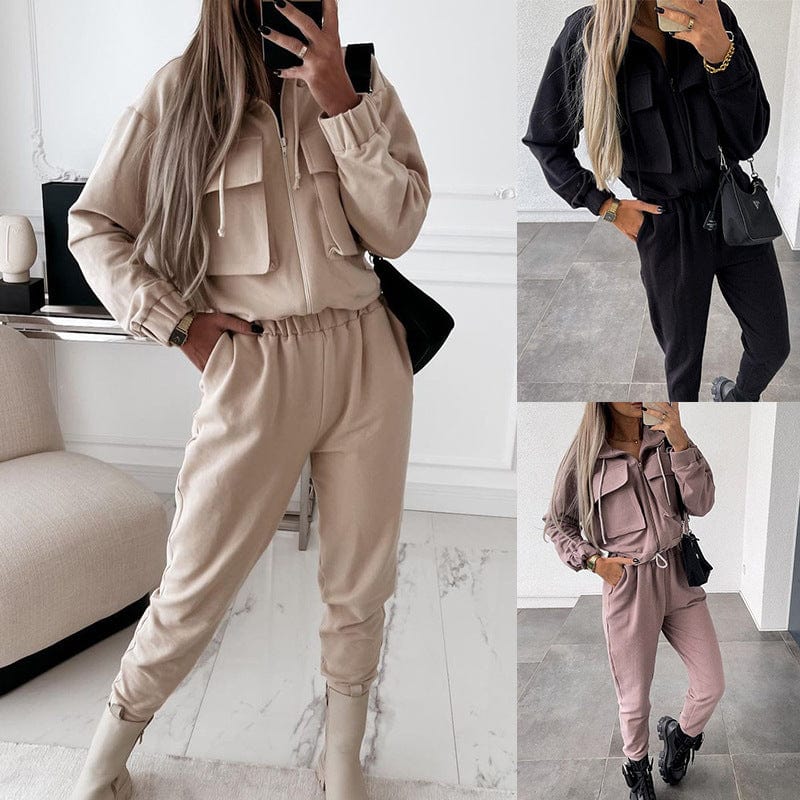 2023 Autumn New Arrival Casual Loose Two Piece Sets Women Zip Up Pullovers And Wide Leg Pants Solid Matching Sets