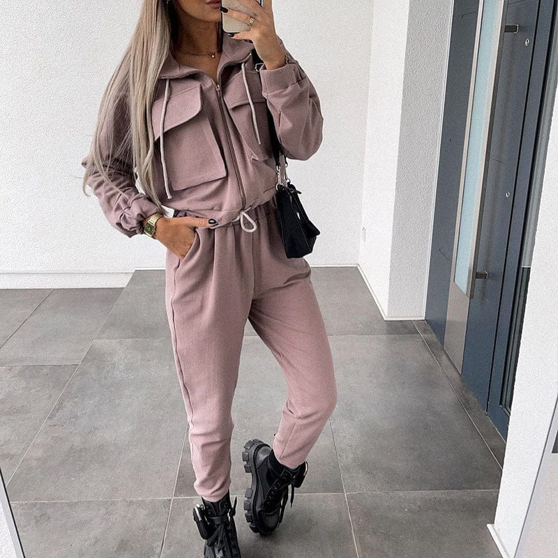 2023 Autumn New Arrival Casual Loose Two Piece Sets Women Zip Up Pullovers And Wide Leg Pants Solid Matching Sets