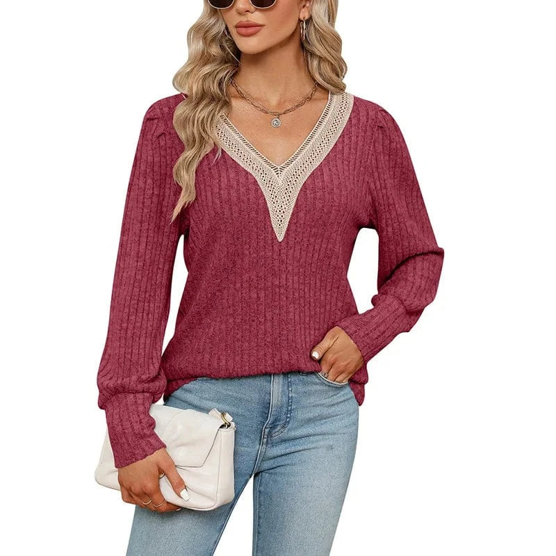 2023 Autumn new European and American Foreign trade Women's V-neck lace Loose pit sanding Loose Long sleeve T-shirt