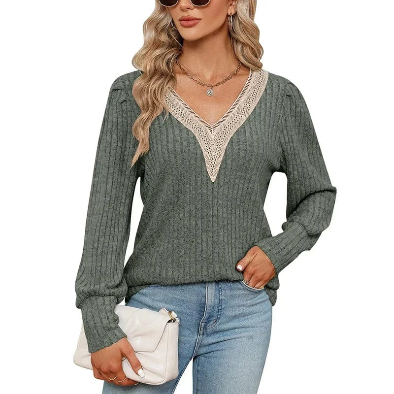 2023 Autumn new European and American Foreign trade Women's V-neck lace Loose pit sanding Loose Long sleeve T-shirt