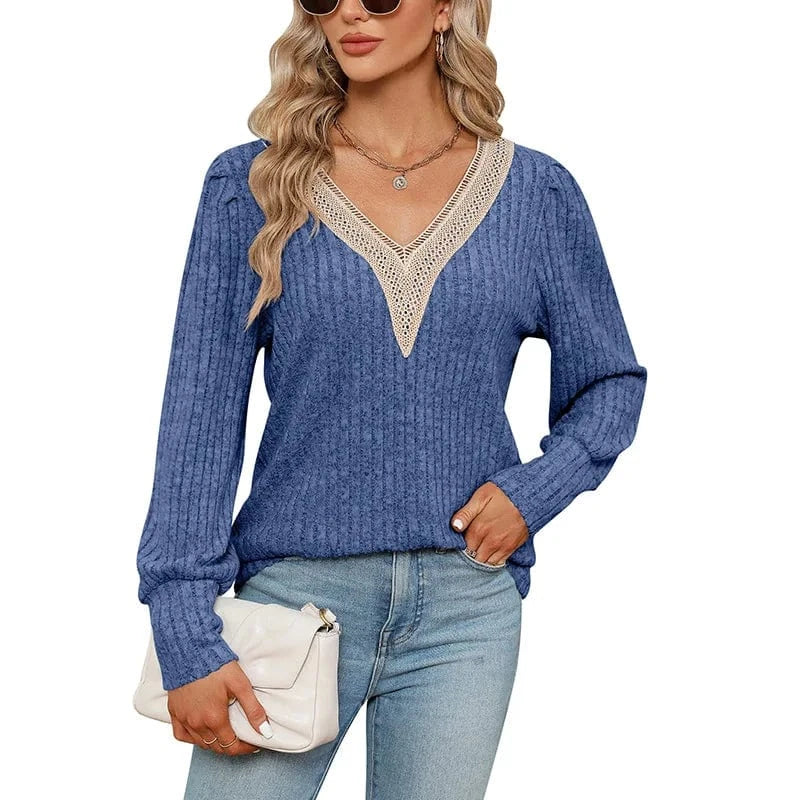 2023 Autumn new European and American Foreign trade Women's V-neck lace Loose pit sanding Loose Long sleeve T-shirt