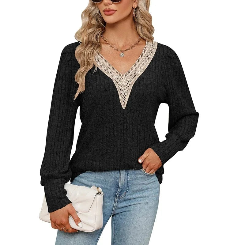 2023 Autumn new European and American Foreign trade Women's V-neck lace Loose pit sanding Loose Long sleeve T-shirt