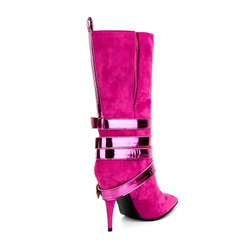 2023 botas de dama Fall Winter Ladies Suede High Heels Long Boots Women Pointy Toe Cone Heel Cross Strap Buckle Mid Calf Boots