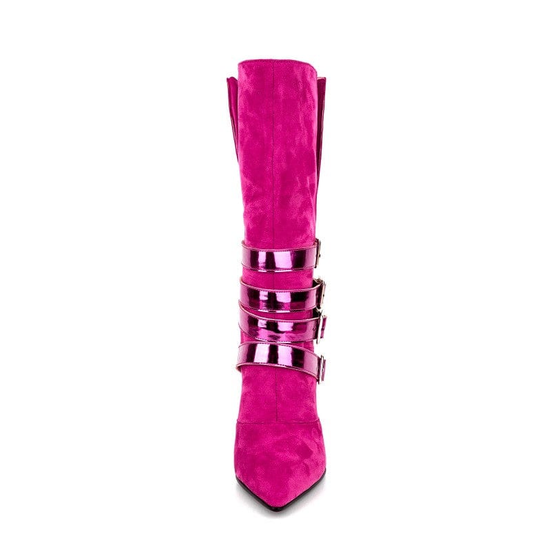 2023 botas de dama Fall Winter Ladies Suede High Heels Long Boots Women Pointy Toe Cone Heel Cross Strap Buckle Mid Calf Boots