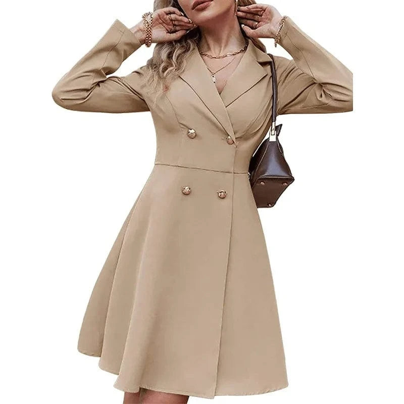 2023 Cross-border Autumn and Winter New women's clothing Pure color Elegant Double-breasted Long sleeve Suit dress