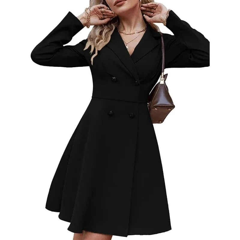 2023 Cross-border Autumn and Winter New women's clothing Pure color Elegant Double-breasted Long sleeve Suit dress