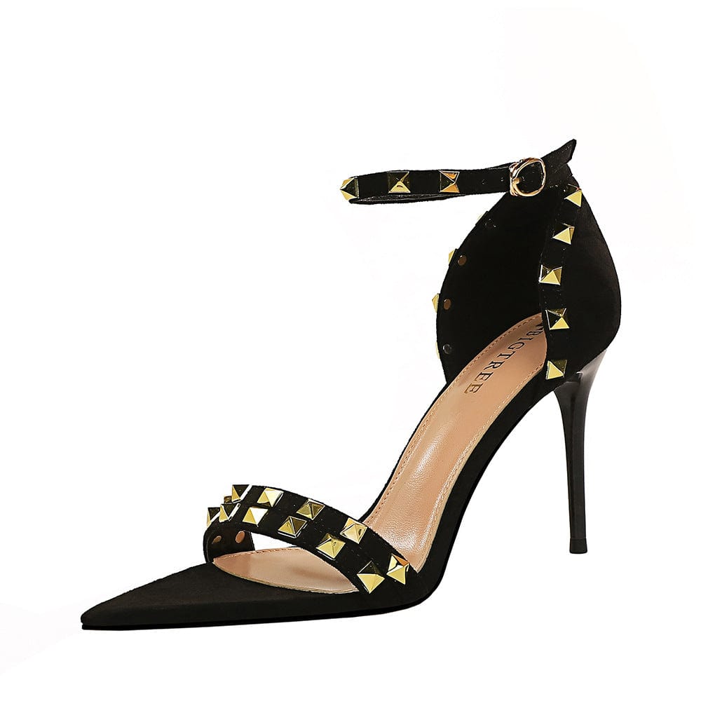 2023 Delicate Vintage Sandalias With Pointed Toe Hollow And Metal studs Women's High Heels